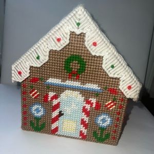 Vintage Handmade Canvas Needlepoint Gingerbread Christmas House With Presents